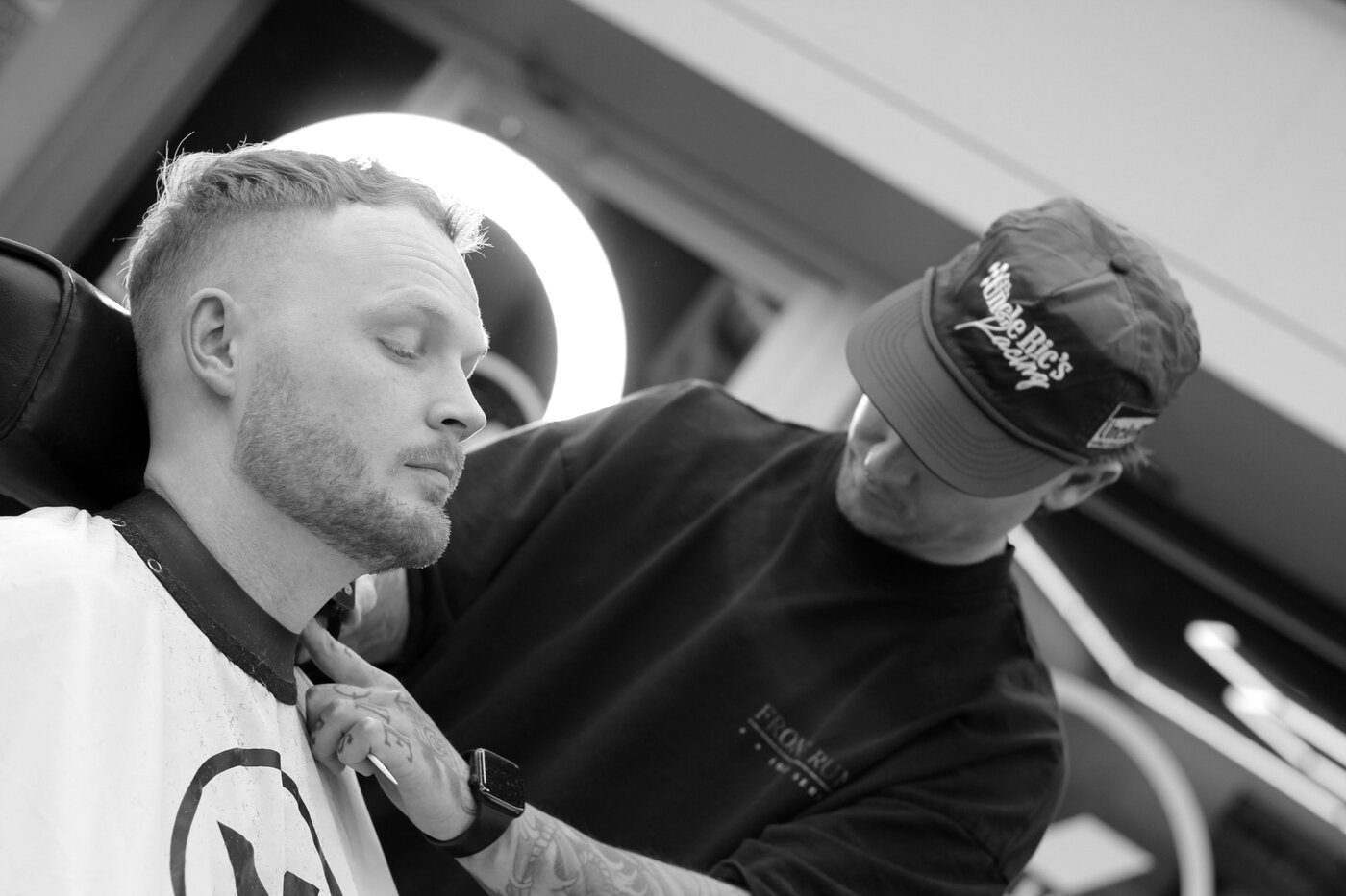 Close-up of a beard and neckline trim in progress at Gallery X Barbershop, Hamilton
